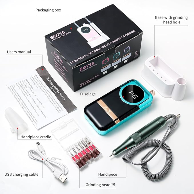 LIMEGIRL Professional Electric Nail Drill Kit 45000RPM Portable Cordless Toenail Cordless Toenail Machine with 14 Drill Bits and Base for Women (Green)