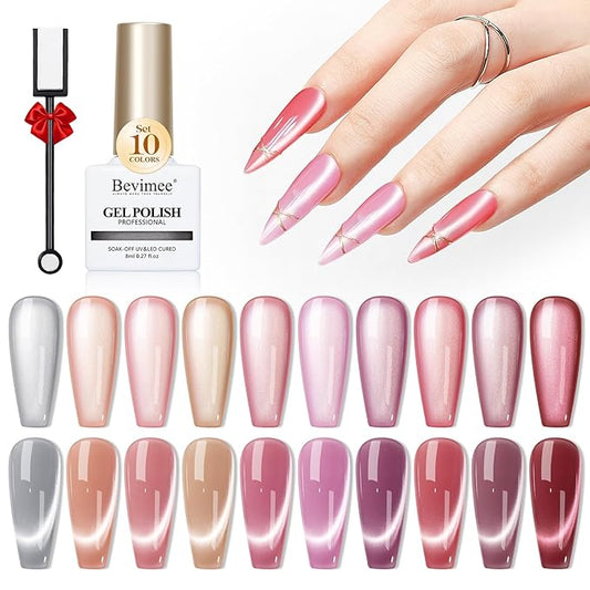 Cateye Gel Polish Set With Magnet, Pink Purple Red 10 Colors Jelly Magnetic Nail Polish Moonlight, Holographic Glass Shimmer Glitter Soak Off UV Gel Salon DIY At Home, 8ml