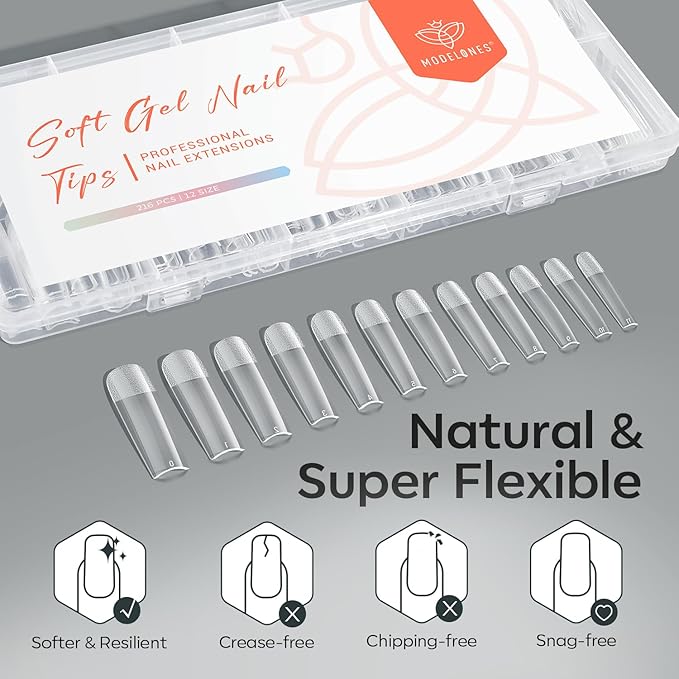 modelones XXL Long Square Nail Tips, Pre-shaped Soft Gel Tips Fake Nails False Acrylic Clear Full Cover Press on Extension Kit Gel Manicure DIY at Home 216PCS 12Sizes