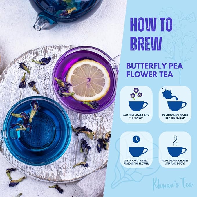 KHWAN'S TEA Dried Butterfly Pea Flowers Blue Tea Clitoria Ternatea Flower Herbal Tea, Caffeine Free, Vegan Plant Based, 3.53 oz (100g)