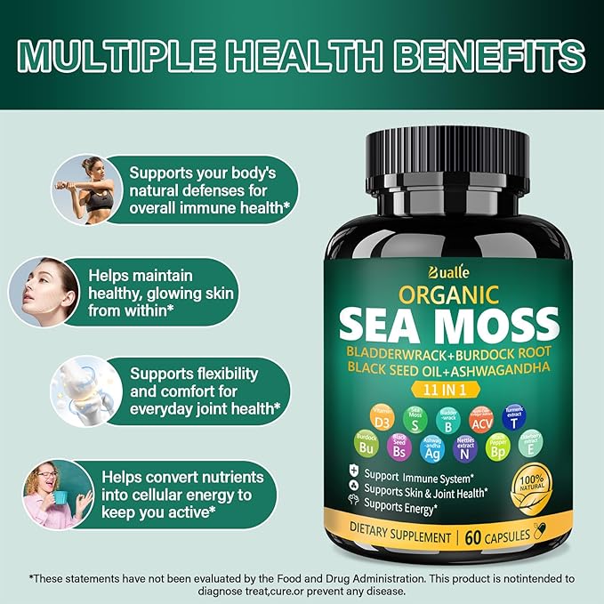 Organic Sea Moss Capsules with Black Seed Oil, Ashwagandha, Bladderwrack, Ginger & Burdock Root – Herbal Complex for Daily Wellness – 60 Capsules (1 Pack)