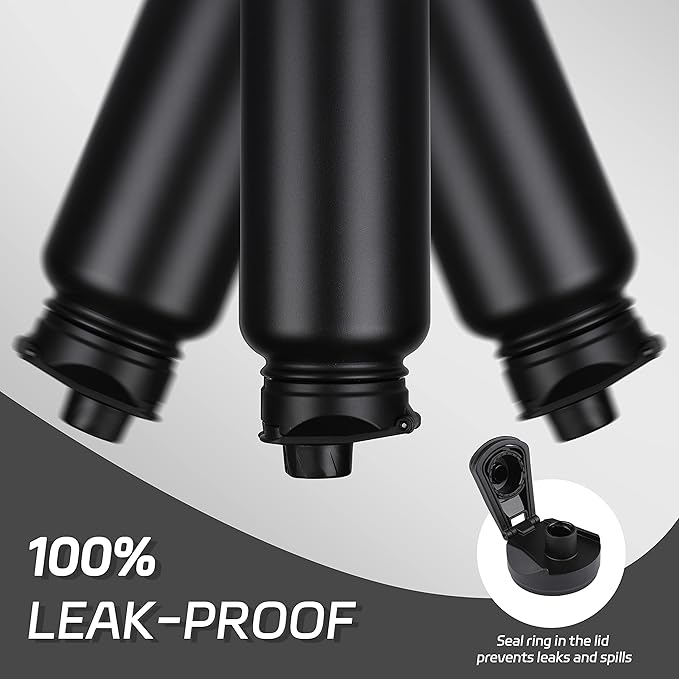 HASLE OUTFITTERS 32 oz Insulated Water Bottle Stainless Steel Double Walled Vacuum Sports Water Bottle with 2 Lids (Straw and Spout Lid) for Gym Camping Hiking(Black,4)