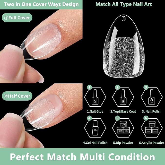 Short Almond Nail Tips, 216pcs Soft Acrylic Fake Nails Gel Nail Tips, Full Cover Pre-Shaped Matte Clear Press on Nails for Extension, Diy at Home Manicure 12 Sizes