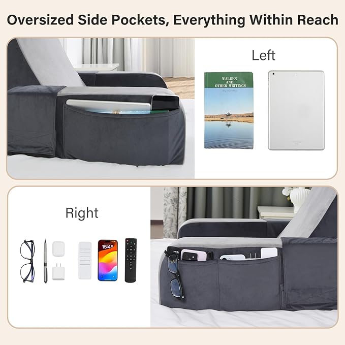 Vekkia 25" Extra-Large Adjustable Reading Pillow – 60° Ergonomic Wedge Backrest, 2 Large Side Pockets, Perfect for Tall Adults, Reading, TV, Gaming, Work, Nursing, Recovery