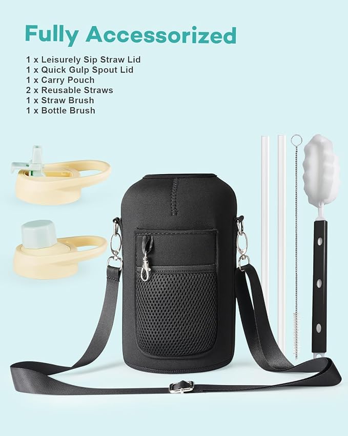 Half Gallon Water Bottle with Handle and Carry Pouch,64 oz Stainless Steel Insulated Jug Flask with Straw Lid Spout Lid,Reusable Metal Water Bottle Mug Tumbler Cup,Keep Cold & Hot,Green