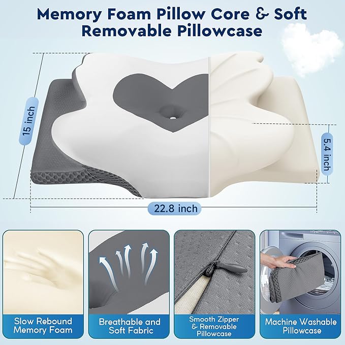 Cervical Neck Pillow, Memory Foam Neck Support Pillows for Sleeping, Shoulder Pillow for Side Sleepers, Back Stomach Sleepers, CertiPUR-US Certified, Standard Size, Grey