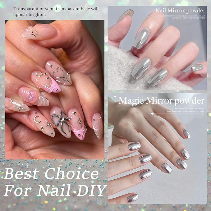 Gold & Silver Chrome Nail Powder - 4 Jar Metallic Mirror Effect Chrome Powder for Gel Nails, Nail Decoration Glitter Dust for Nail Art