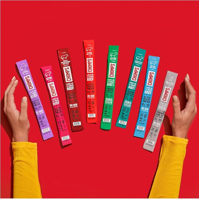 Chomps Grass-Fed and Finished Taco Beef Jerky Snack Sticks 10-Pack - Keto, Paleo, Whole30, 10g Lean Meat Protein, Gluten-Free, Zero Sugar Food, Non-GMO