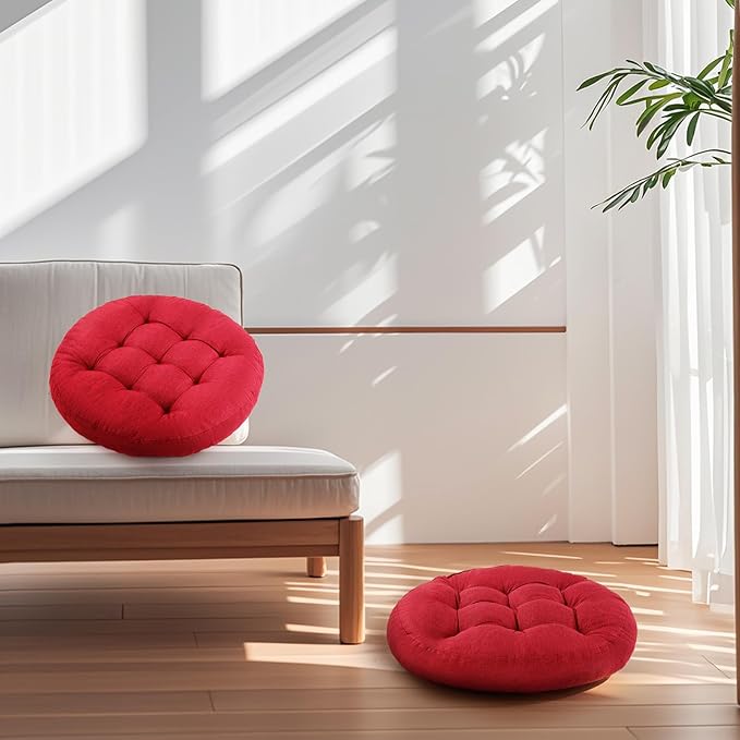 Meditation Floor Pillow, Round Floor Cushions for Adults, Button Tufted Seat Cushions for Yoga Tatami Living Room, Wine Red, 22 x 22 x 4 in