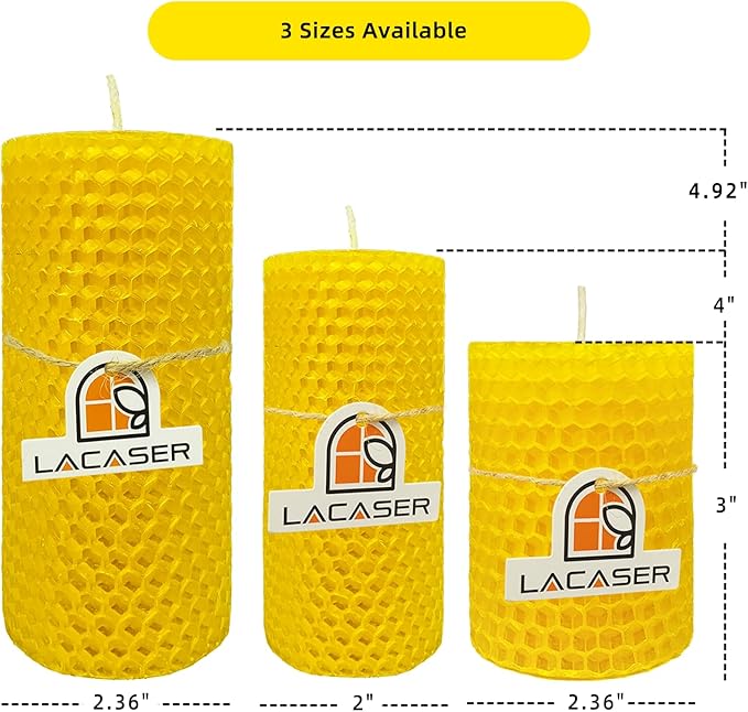 Lacaser Beeswax Pillar Candles Set of 3, 2.36" x 3" Pillar Candles,Unscented & Dripless & Smokeless, 8 Hours Burn Time, Yellow