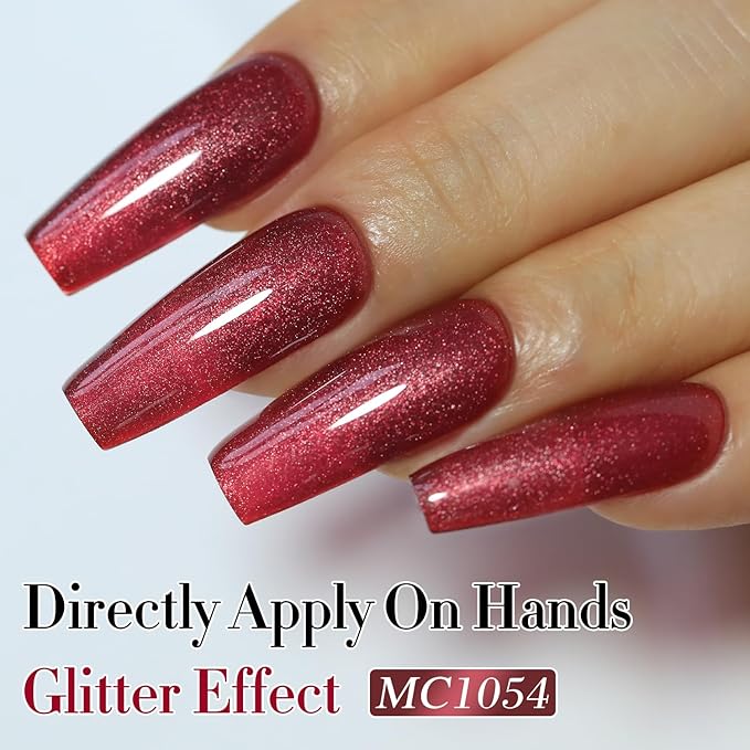 Double Rhythm Jelly Glass Cat Eye Gel Polish with Magnet 15ML Holographic Glitter Shimmer Translucent Sheer Color Magnetic Nail Polish Salon DIY at Home (Dark Red-MC1054)