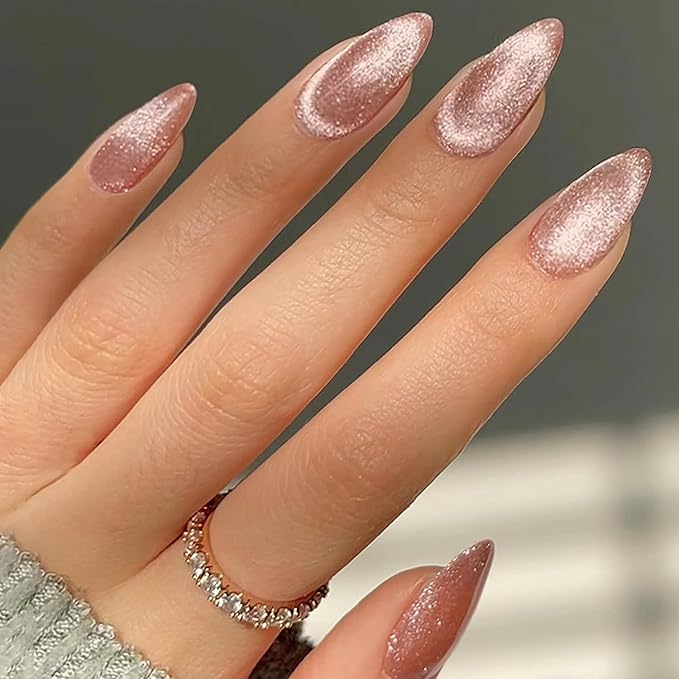 GLAMERMAID Nude Pink Magnet Cat Eyes Press on Nails Short Almond, Handmade Jelly Gel Fake Nail Kit, Aurora Ombre Glitter Magnetic Glue on Nail Stiletto, Pure Medium Oval Stick on False Nail for Women