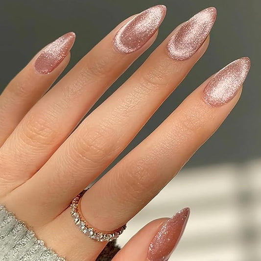 GLAMERMAID Nude Pink Magnet Cat Eyes Press on Nails Short Almond, Handmade Jelly Gel Fake Nail Kit, Aurora Ombre Glitter Magnetic Glue on Nail Stiletto, Pure Medium Oval Stick on False Nail for Women