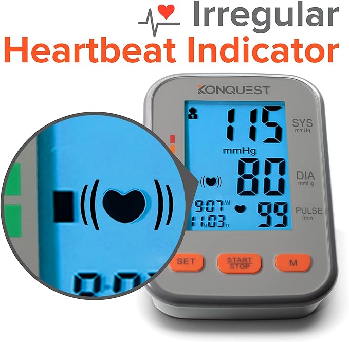 Konquest Automatic Upper Arm Blood Pressure Monitor - Extra Large Cuff 12 ½ ” to 19 ” (32 to 48.5 cm) - Large Backlit Display - Irregular Heartbeat Detector - Blood Pressure Monitor for Home Use