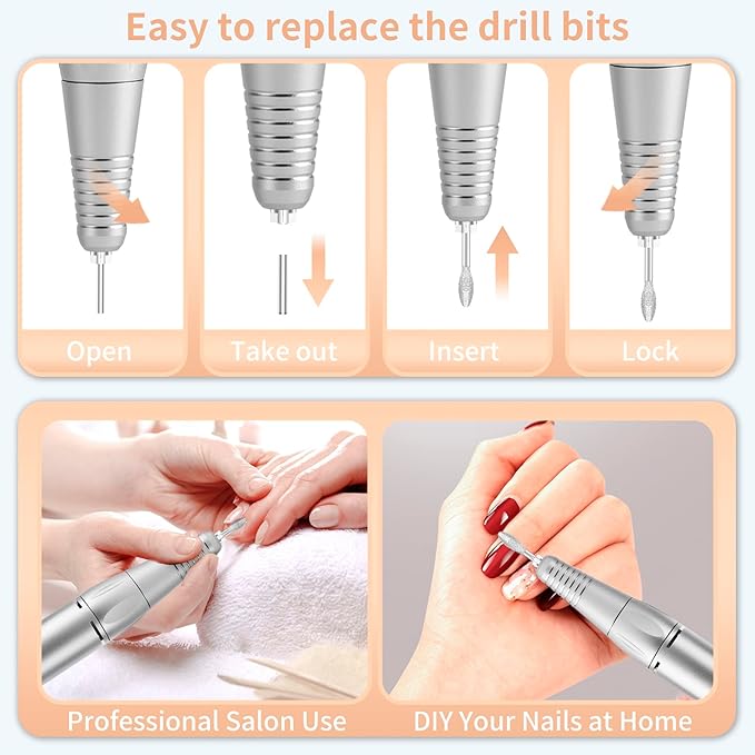 Portable Nail Drill Professional 35000 RPM, MOCOWIND Rechargeable Electric Nail File Machine E File for Acrylic Gel Polishing Removing, Cordless E-File with Bits Kit for Manicure Salon Home, Black