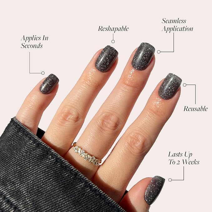 Glamnetic Press On Nails - Cosmic | Semi-Transparent Sparkly Black Short Squoval Fake Nails with a Glossy Finish, Salon Quality | 15 Sizes - 30 Nail Kit with Glue