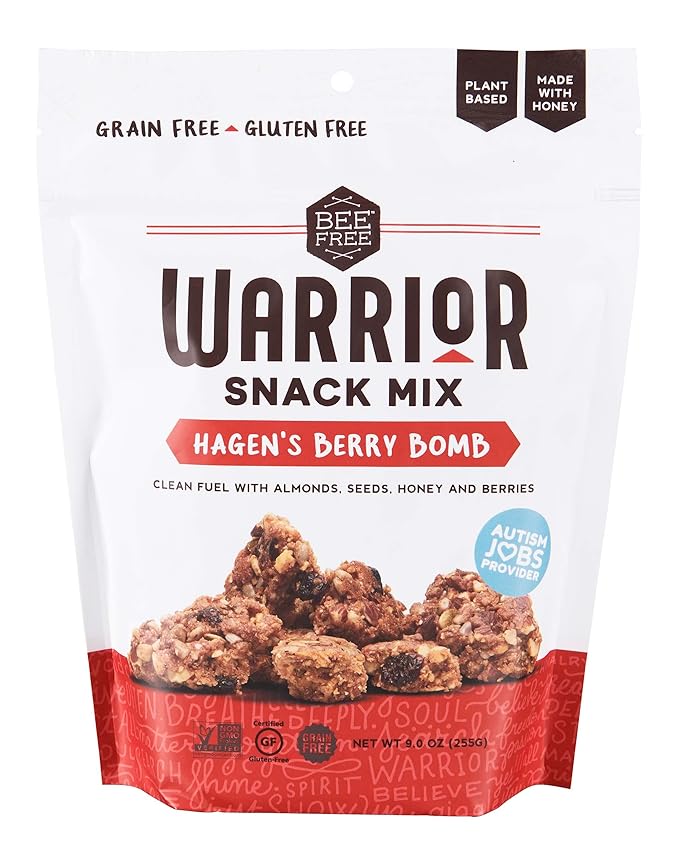 BeeFree Warrior Mix Gluten Free Granola - Chunky Granola Bites | Paleo, Low Carb, Grain Free, Preservative Free, Oat Free | Low Calorie Snacks | Hagen’s Berry Bomb, 9 Ounce Bags, 3 Pack