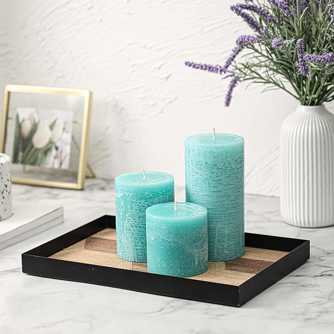 3x4 Inch Turquoise Pillar Candles Set of 3 - Unscented Candles, Long Clean Burning, Large Big Candles, Smokeless Dripless Pillar Candles for Dinner Table, Wedding, Home, Bathroom, Rustic Decor