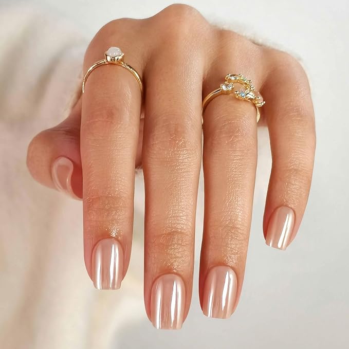 Nude Chrome Press on Nails Square - Soft Gel Short Press on Nails for Women Gift, Fit Perfectly & Natural Glue on Nails in16 Sizes - 32 Reusable Fake Nails with Glue, Aurora Nude