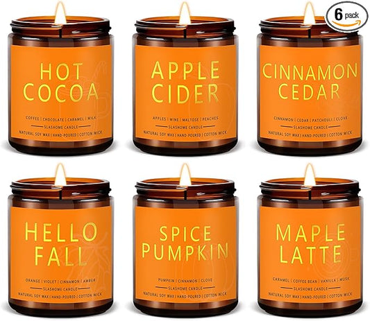 Fall Candles, Scented Soy Candles Set - 7Oz * 6 Pack, Holiday/Birthday/Christmas Gifts for Women & Men, Autumn Scents of Hello Fall/Spice Pumpkin/Apple Cider/Hot CocoaCinnamon & Cedar/Maple Latte