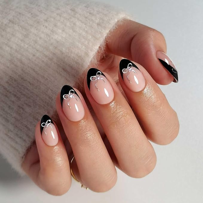 Black French Tip Press on Nails Short with 3D Bow Design - Soft Gel Almond Fake Nails for Women Gift, Natural Stick on Nails with Glue in 16 Sizes - 32 Reusable Nails, Silver Ribbon