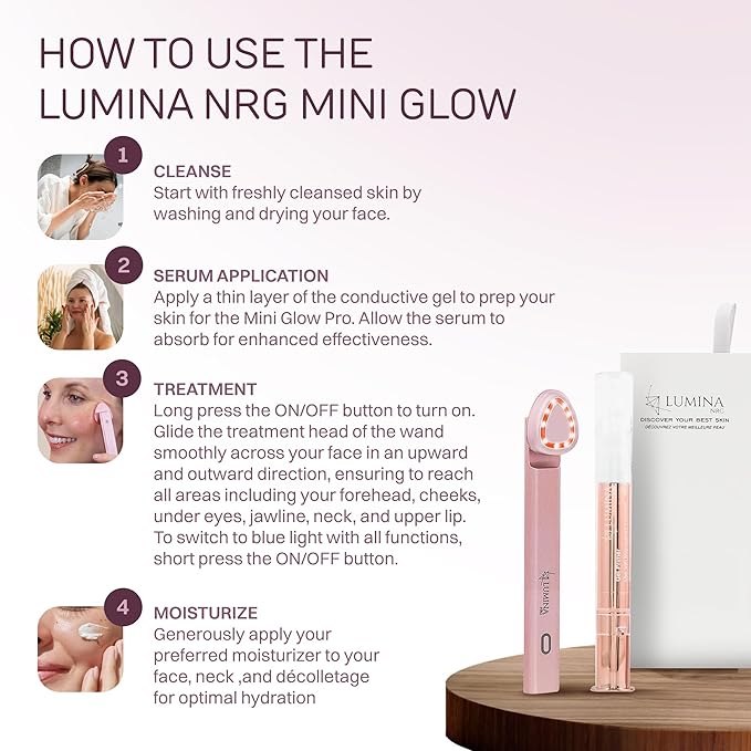 Lumina NRG Mini Glow Pro 5-in-1 LED Face Wand – Skin Lifting, Toning & Firming Facial Massager with EMS, Microcurrent, Red & Blue Light – at Home Neck Contouring Beauty Device & Sculpting Tool