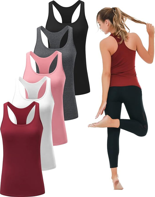 6 or 5 Pack Workout Tank Tops for Women, Athletic Racerback Sports Tank Tops, Compression Sleeveless Dry Fit Shirts