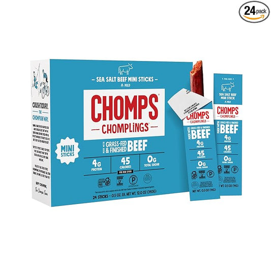 Chomps Snack Size Grass-Fed and Finished Sea Salt Beef Jerky Snack Sticks 0.5oz 24-Pack - Keto, Paleo, Whole30, 4g Lean Meat Protein, Gluten-Free, Zero Sugar Food, Non-GMO Chomplings