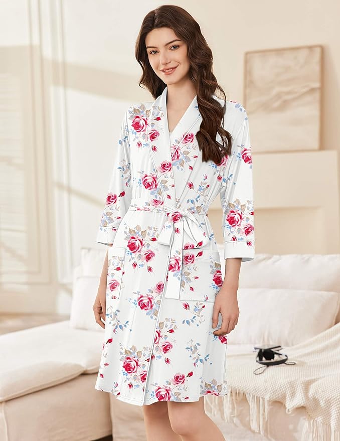 Ekouaer Women Robes Shawl Collar Bathrobe Short Kimono Robe Soft Knit Bathrobes Ladies Sleepwear with Pockets S-XXL