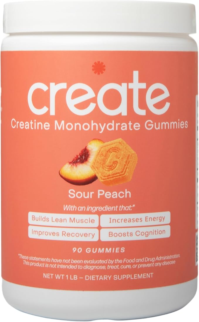 Create Creatine Monohydrate Gummies for Men & Women | 1.5g Creatine per Gummy for Muscle Strength, Endurance, Recovery, & Focus | Vegan, Non-GMO, Gluten-Free | Premium Sour Peach Flavor | 90 Count