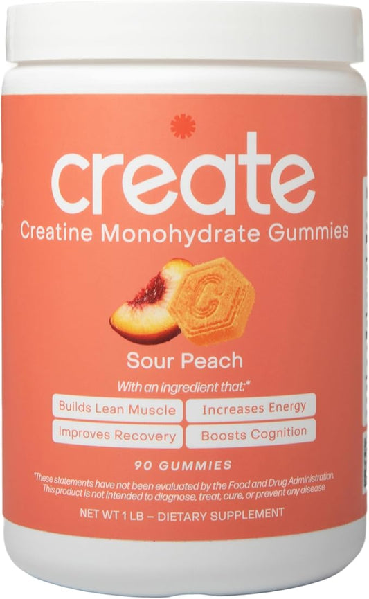 Create Creatine Monohydrate Gummies for Men & Women | 1.5g Creatine per Gummy for Muscle Strength, Endurance, Recovery, & Focus | Vegan, Non-GMO, Gluten-Free | Premium Sour Peach Flavor | 90 Count