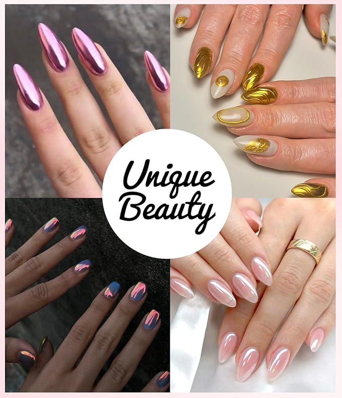 Gold Chrome Nail Powder - 6pcs Sparkly Laser Holographic Nail Powder Metallic Mirror Effect Pink Nail Chrome POwder, White Pearl Pigment Holo Iridescent Glitter Dust Kit, Nail Art Decoration