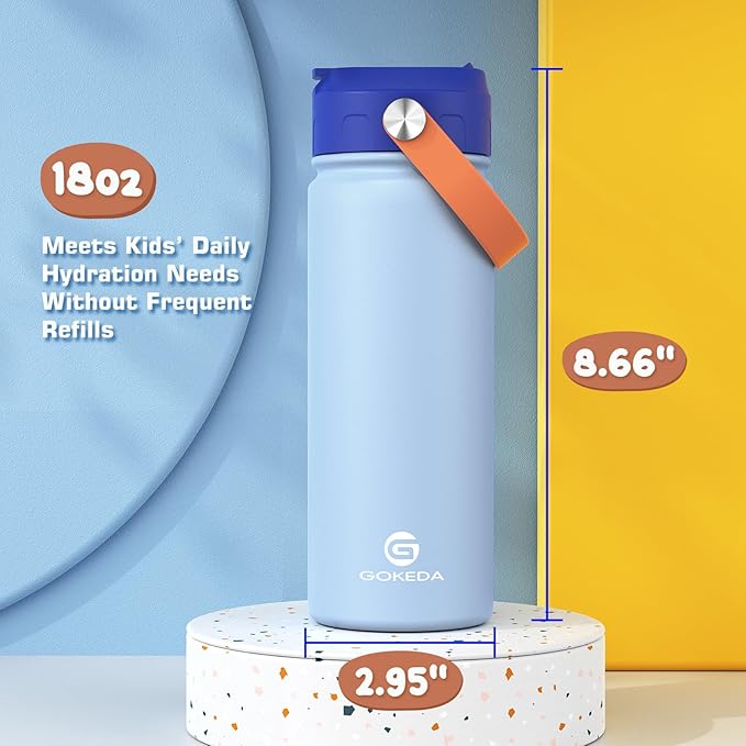 18oz Kids Water Bottle, Insulated Water Bottles with Stickers, 18/8 Stainless Steel Vacuum Leak Proof Straw Cup for School, Gifts for Boys Girls(Blue,White)