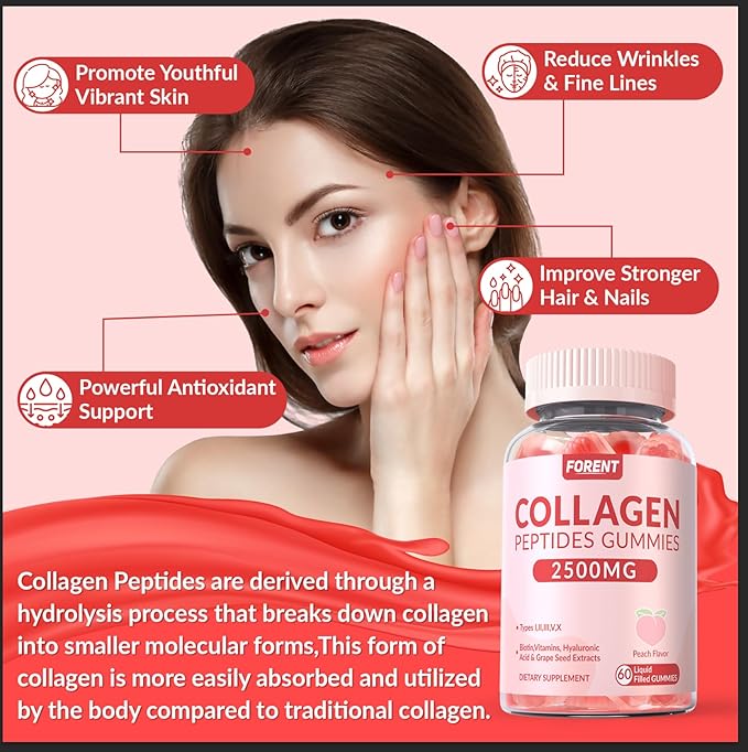 2500mg Centre-Filled Collagen Peptides Gummies for Women & Men with Biotin, Vitamin D3, Hyaluronic Acid | Supports Skin Hair Nails & Joints, Sugar-Less Colageno Hidrolizado for Women, 60 Servings