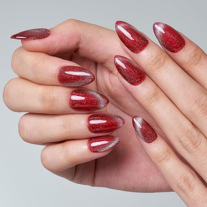 GLAMERMAID French Tip Magnet Cat Eyes Press on Nails Short Almond, Red Handmade Jelly Gel Fake Nail Kit, Rouge Magnetic Glue on Nail Stiletto, Scarlet Medium Oval Stick on False Nail Set for Women