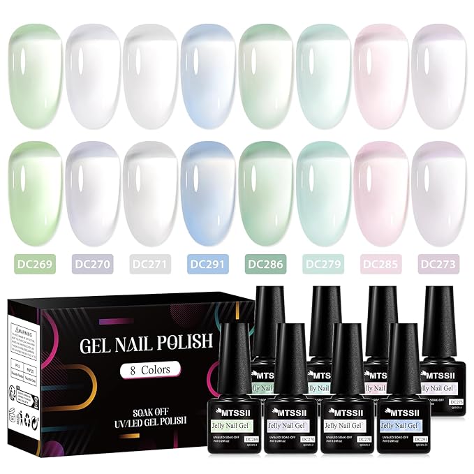 MTSSII Jelly Green White Gel Nail Polish Set, 8 Transparent Colors Sheer Gel Nail Kit for Salon Sage Green Gel Manicure and Nail Art DIY at Home for Girls Women