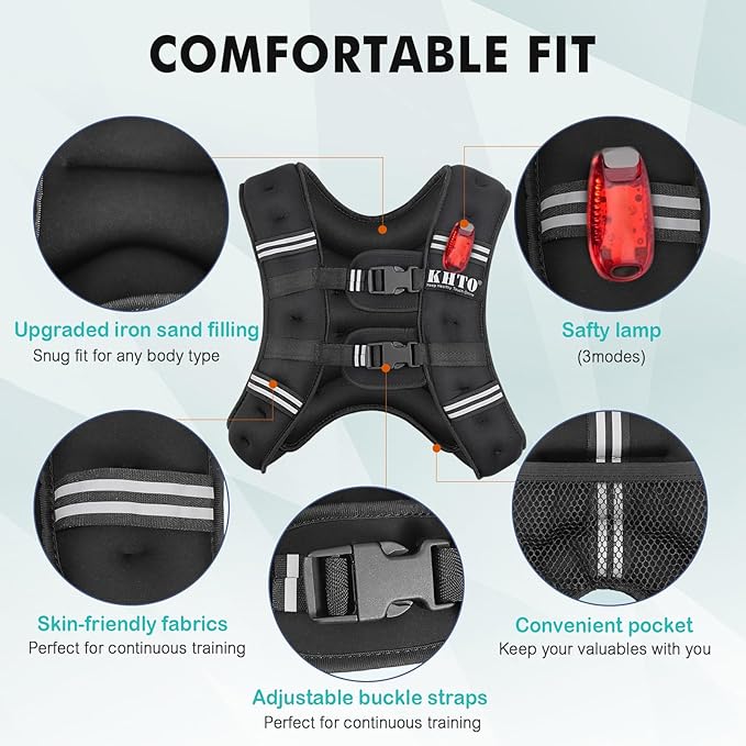 KHTO Weighted Vest Woman Men-5lbs/10lbs/15lbs/20lbs/25lbs/30lbs Weight Vest with Warning Light Reflective Strip for Workout, Strength Training, Running