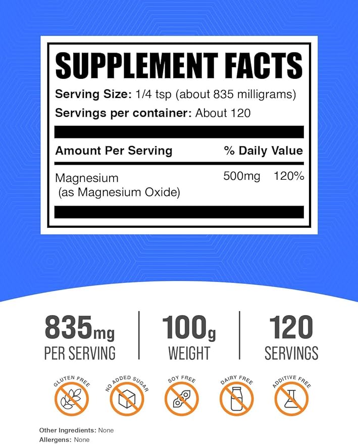 BulkSupplements.com Magnesium Oxide Powder - Magnesium Oxide Supplement, Mineral Supplement - Food Grade & Gluten Free, 835mg per Serving, 100g (3.5 oz) (Pack of 1)