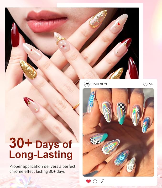 Chrome Nail Powder Kit 6 PCS - Gold Chrome Nail Powder with Pearl Chrome & Effect,Metallic Mirror Holographic Nail Powder for Gel Nails DIY Home Salon Manicure White Silver Pink Blue