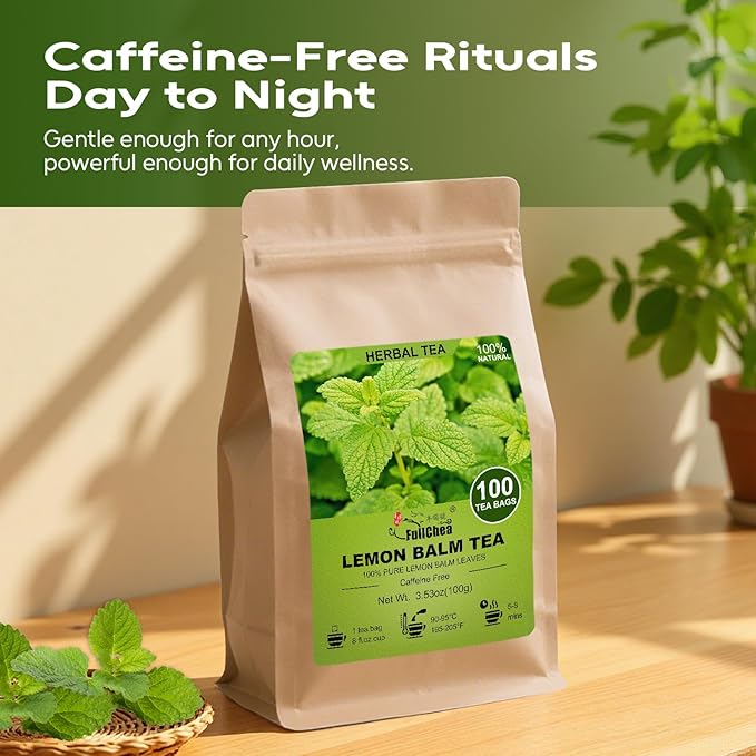 FullChea - Lemon Balm Tea Bags, 100 Count - Pure & Natural Dried Lemon Balm Leaves - Melissa Officinalis - Caffeine-free Herbal Tea for Relaxation - Non-GMO