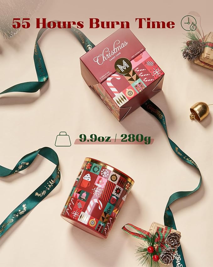 M&SENSE Christmas Candy Cane Scented Holiday Candle for Home, 9.9oz 55Hours Clean Non Toxic Burn, Natural Soy Wax Cotton Wick Fruit Scent, Winter Housewarming Candle Gifts for Women Family Friends