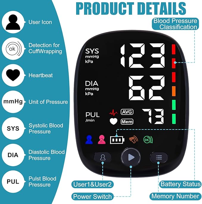 HAQQI Upper Arm Electronic Blood Pressure Monitor,Automatic Accurate Blood Pressure Machine for Home Use with LED Backlit Display Large Cuff Heart Rate Detection 2x120 Records(Black)