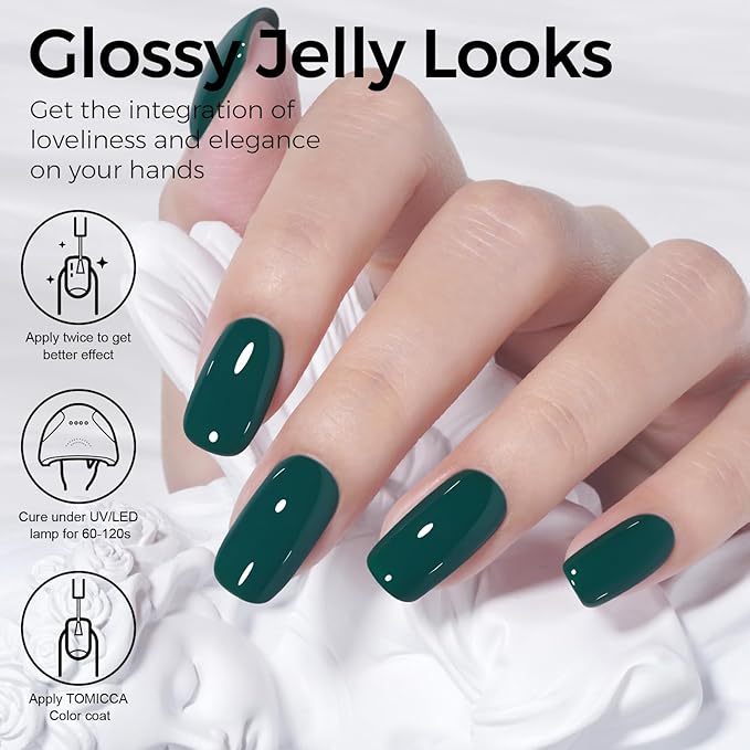 TOMICCA Green Gel Nail Polish, Forest Green Color Gel Polish, Soak Off UV LED Cure Nail Polish, Nail Art Manicure Salon DIY at Home Present for Women