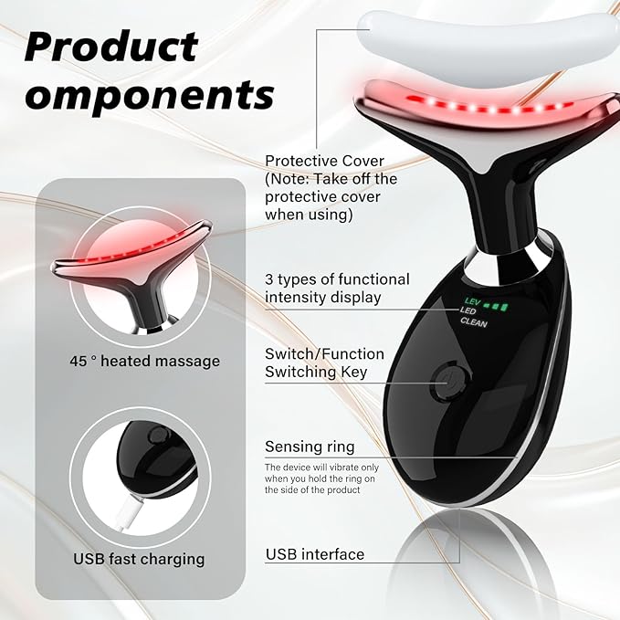 Neck&Face Massager with 7 Colors-Multi-Functional Skincare Tool,Home Beauty Device for Wrinkles&Relaxation (Black)