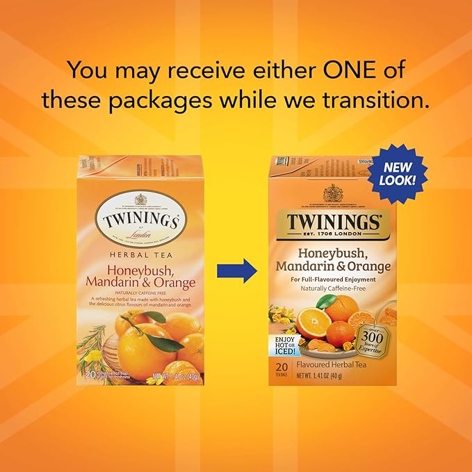Twinings Honeybush, Mandarin, & Orange Herbal Tea Individually Wrapped Bags, 20 Count (Pack of 1), Naturally Caffeine-Free, Enjoy Hot or Iced, 20 Teabags
