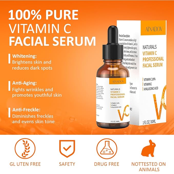 Vitamin C Facial Serum 20%, Anti-Aging Vitamin C Serum with Hyaluronic Acid and Vitamin E, Suitable for Lightening Pigmentation and Effectively Reducing Fine Lines and Wrinkles Serum 60ml,2.03Fl.Oz