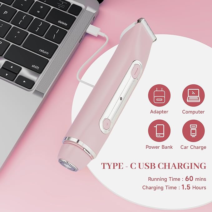 Bikini Trimmer for Women - 2 in 1 Women Electric Shaver,Cordless Body Razor for Trip,Replaceable Lady Facial Razor, IPX6 Waterproof&Easy Cleaning, Ceramic Blade, USB Charge 706 Pink