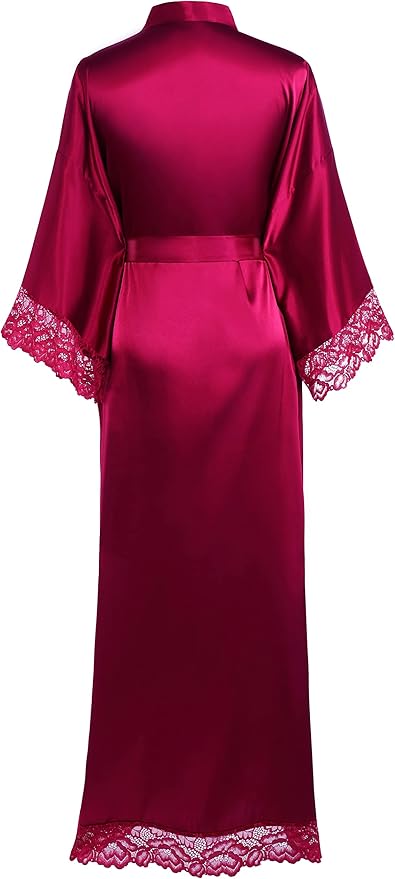 BABEYOND Satin Kimono Robe Silky Long Bridesmaid Wedding Lightweight Bath Robe with Lace Trim