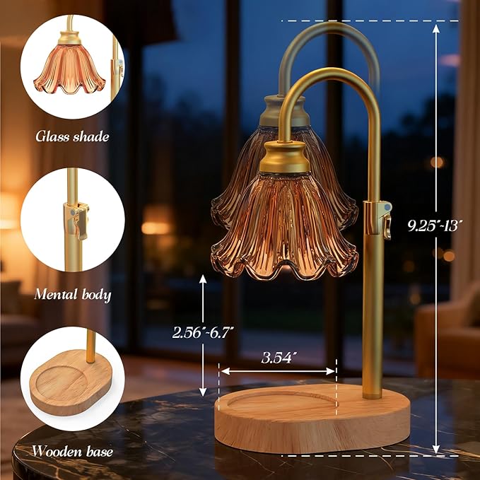 Candle Warmer Lamp with Adjustable Height - Flameless 4-Level Dimmable Wax Warmer with Colorful Glass Shade & Wooden Base, Timer Function & Stylish Design in Multiple Colors (Brown)