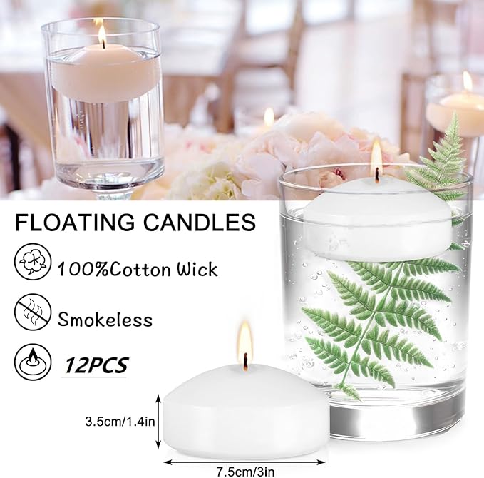 12 Floating Candles, Smoke-Free and odorless, Burning continuously for 8-10 Hours, White, 3-inch Floating Candles, Suitable for Valentine's Day, Weddings, Holidays, Home Decoration